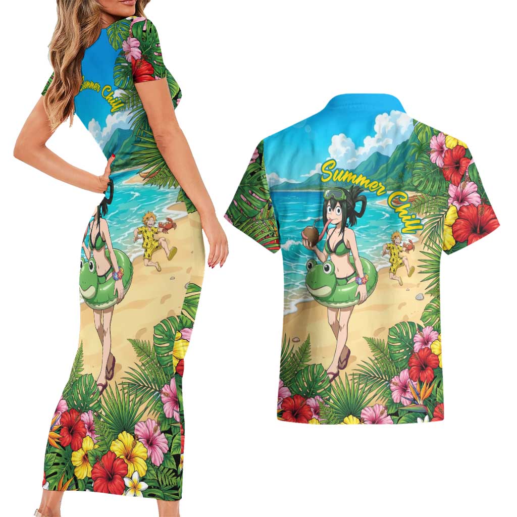 Tsuyu Asui Summer Chill Couples Matching Short Sleeve Bodycon Dress and Hawaiian Shirt Tropical Anime Vacation Art