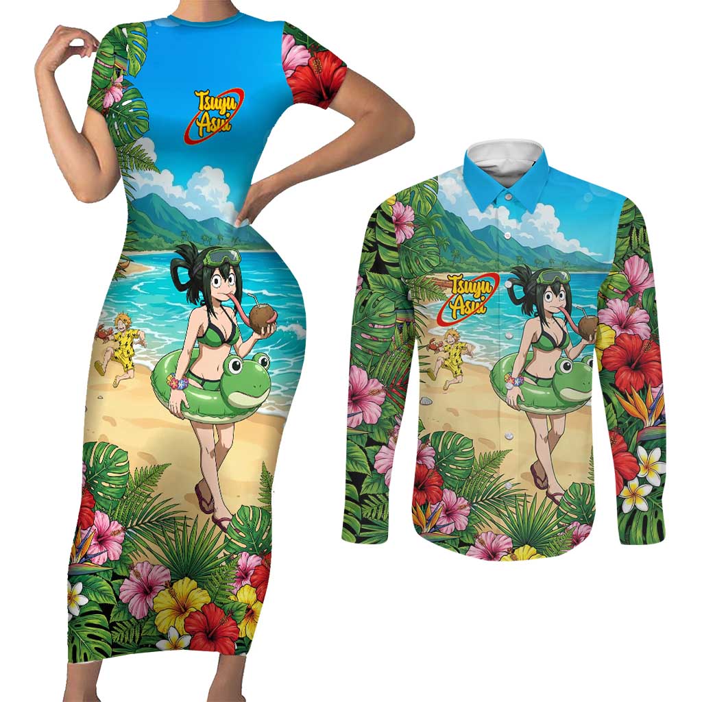 Tsuyu Asui Summer Chill Couples Matching Short Sleeve Bodycon Dress and Long Sleeve Button Shirt Tropical Anime Vacation Art