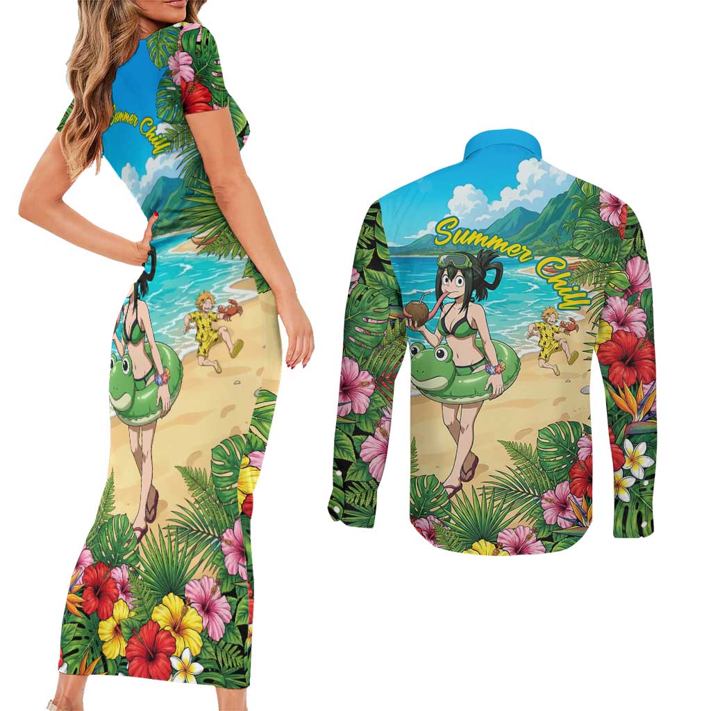 Tsuyu Asui Summer Chill Couples Matching Short Sleeve Bodycon Dress and Long Sleeve Button Shirt Tropical Anime Vacation Art