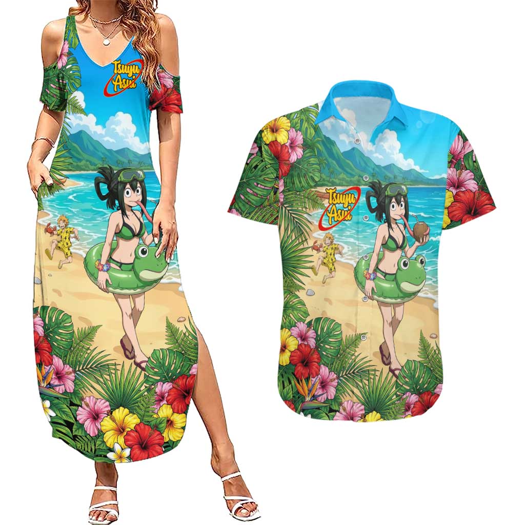 Tsuyu Asui Summer Chill Couples Matching Summer Maxi Dress and Hawaiian Shirt Tropical Anime Vacation Art