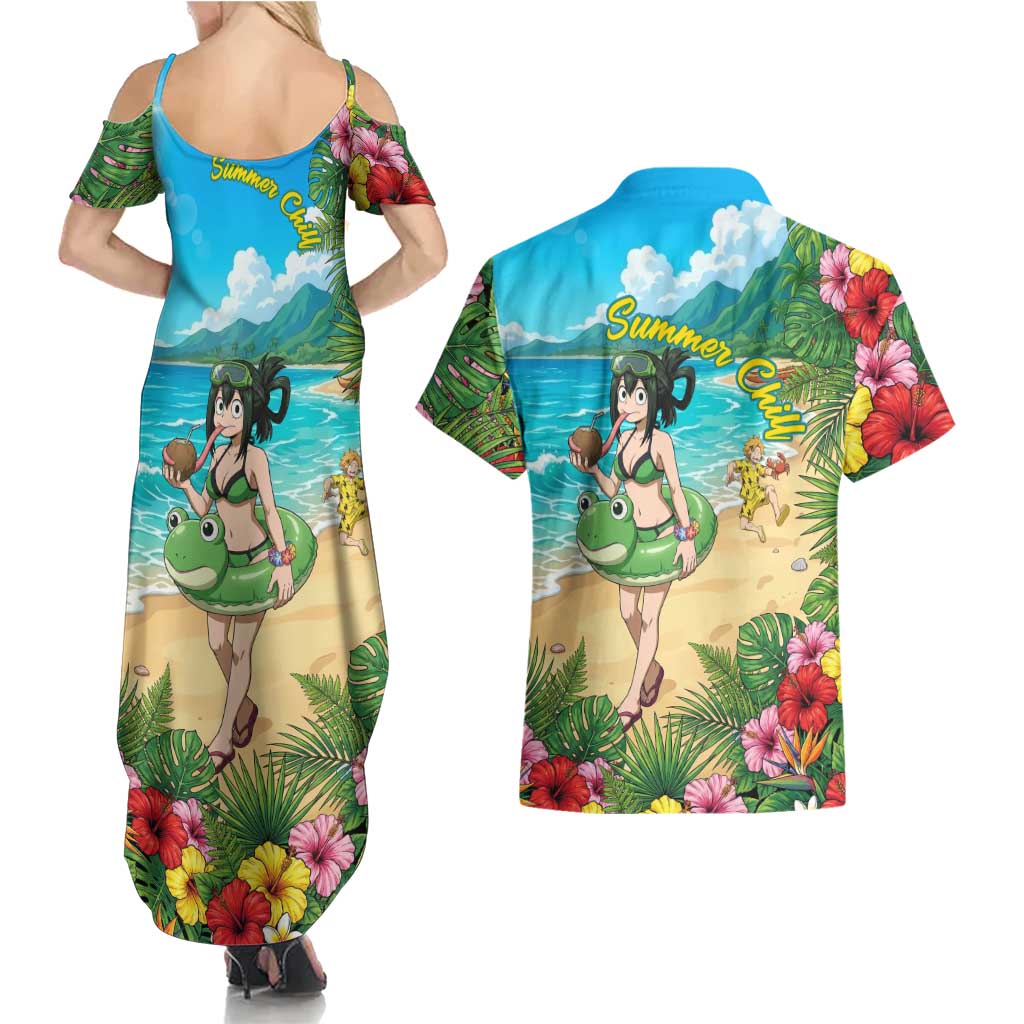 Tsuyu Asui Summer Chill Couples Matching Summer Maxi Dress and Hawaiian Shirt Tropical Anime Vacation Art