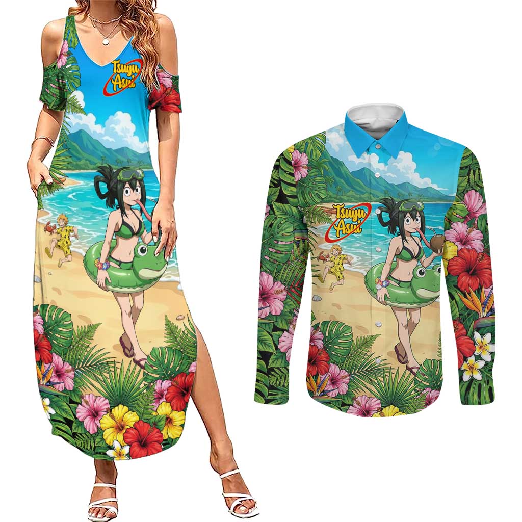 Tsuyu Asui Summer Chill Couples Matching Summer Maxi Dress and Long Sleeve Button Shirt Tropical Anime Vacation Art