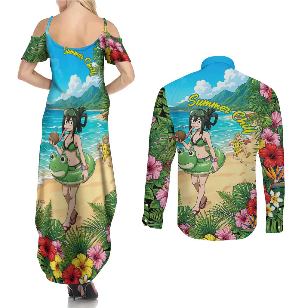Tsuyu Asui Summer Chill Couples Matching Summer Maxi Dress and Long Sleeve Button Shirt Tropical Anime Vacation Art