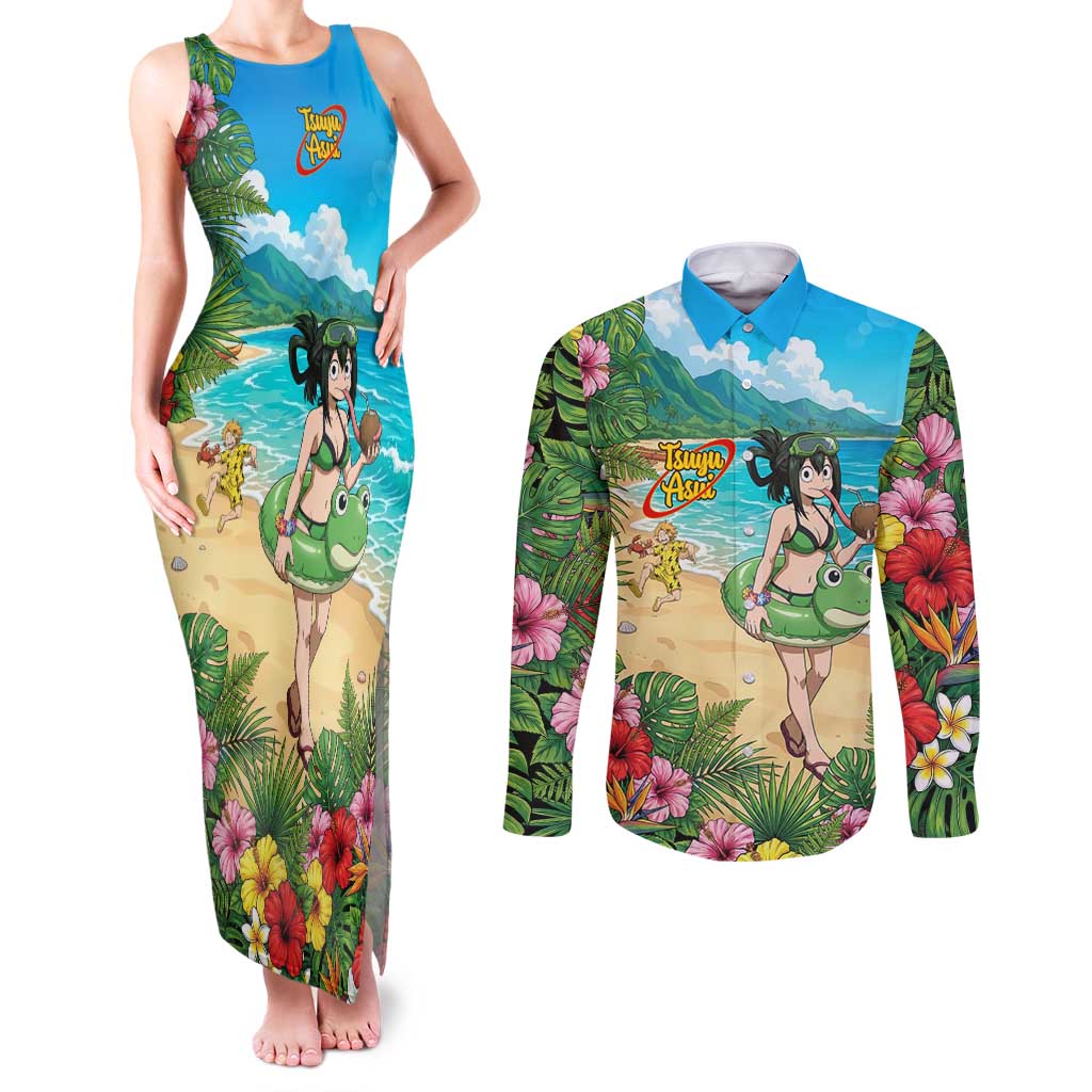 Tsuyu Asui Summer Chill Couples Matching Tank Maxi Dress and Long Sleeve Button Shirt Tropical Anime Vacation Art