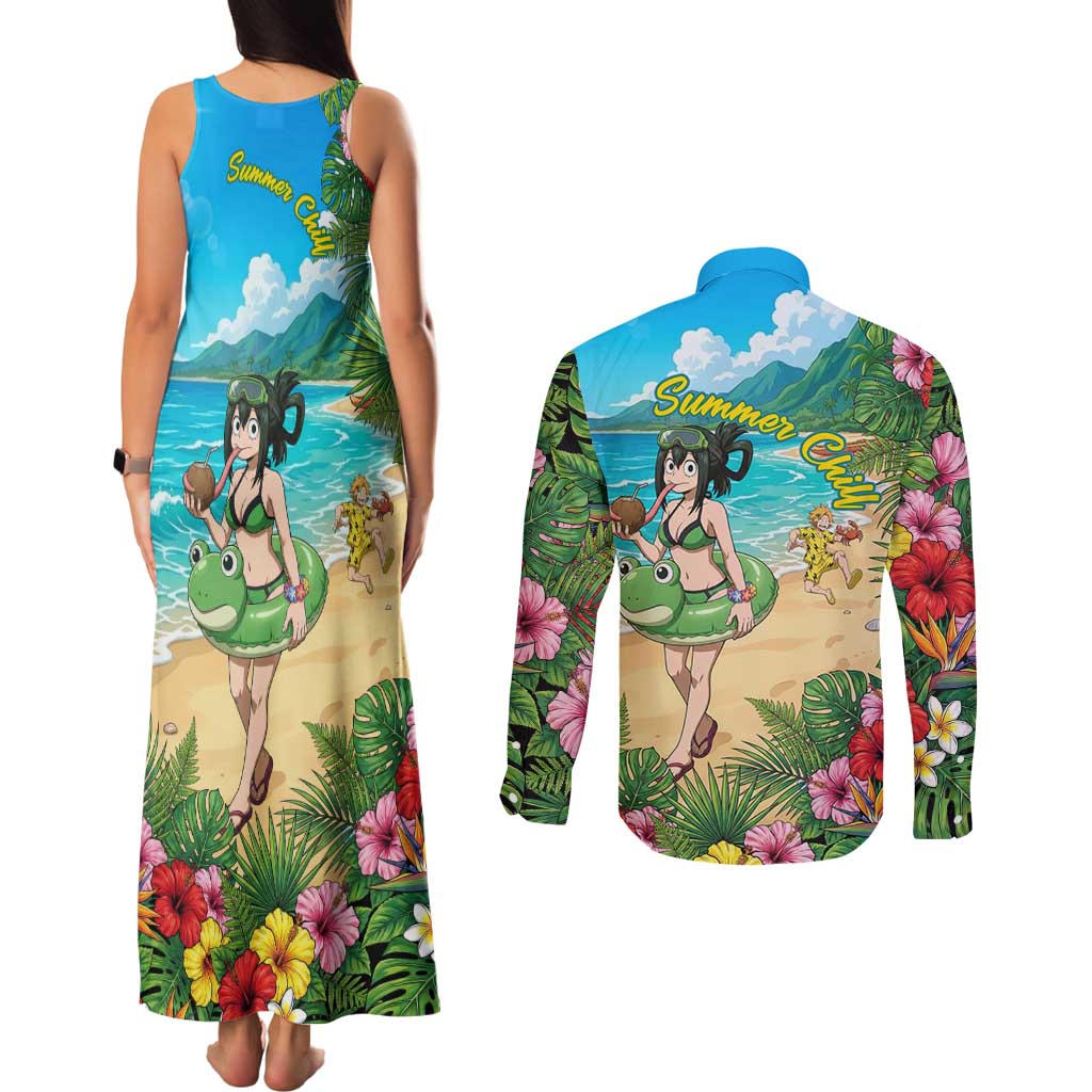 Tsuyu Asui Summer Chill Couples Matching Tank Maxi Dress and Long Sleeve Button Shirt Tropical Anime Vacation Art
