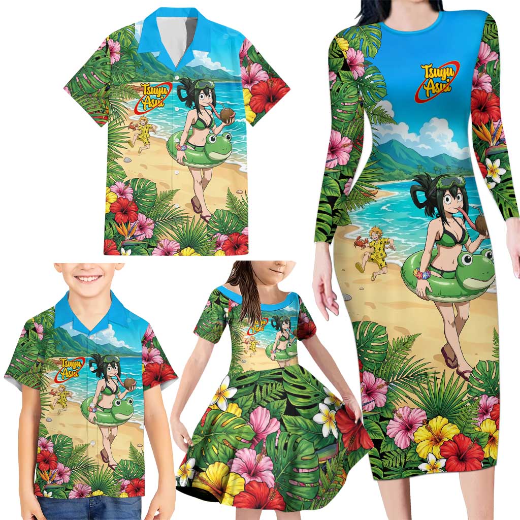 Tsuyu Asui Summer Chill Family Matching Long Sleeve Bodycon Dress and Hawaiian Shirt Tropical Anime Vacation Art