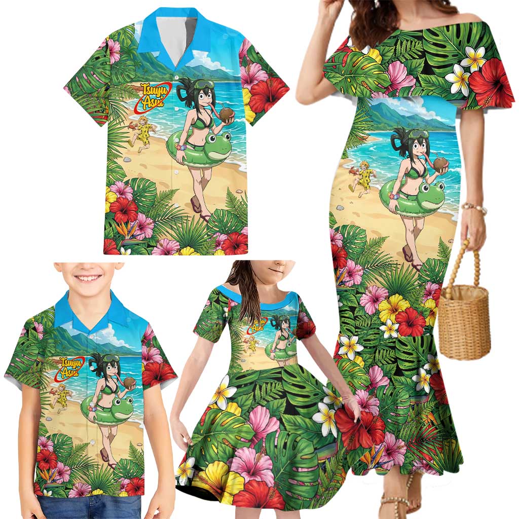 Tsuyu Asui Summer Chill Family Matching Mermaid Dress and Hawaiian Shirt Tropical Anime Vacation Art