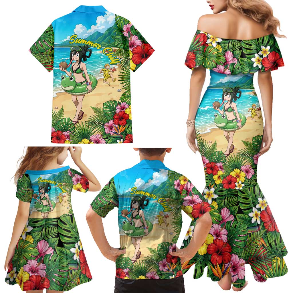 Tsuyu Asui Summer Chill Family Matching Mermaid Dress and Hawaiian Shirt Tropical Anime Vacation Art