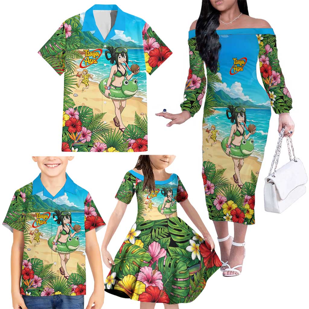 Tsuyu Asui Summer Chill Family Matching Off The Shoulder Long Sleeve Dress and Hawaiian Shirt Tropical Anime Vacation Art