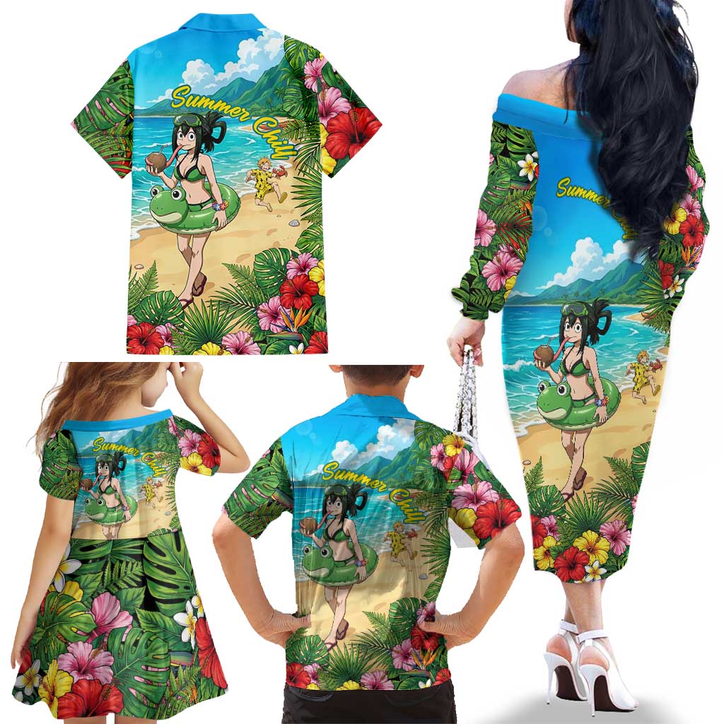 Tsuyu Asui Summer Chill Family Matching Off The Shoulder Long Sleeve Dress and Hawaiian Shirt Tropical Anime Vacation Art