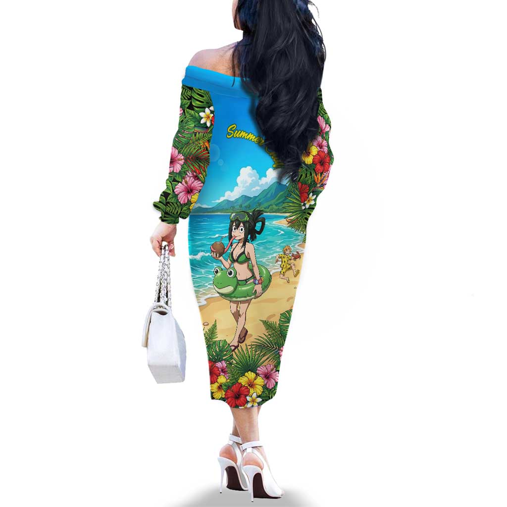 Tsuyu Asui Summer Chill Family Matching Off The Shoulder Long Sleeve Dress and Hawaiian Shirt Tropical Anime Vacation Art