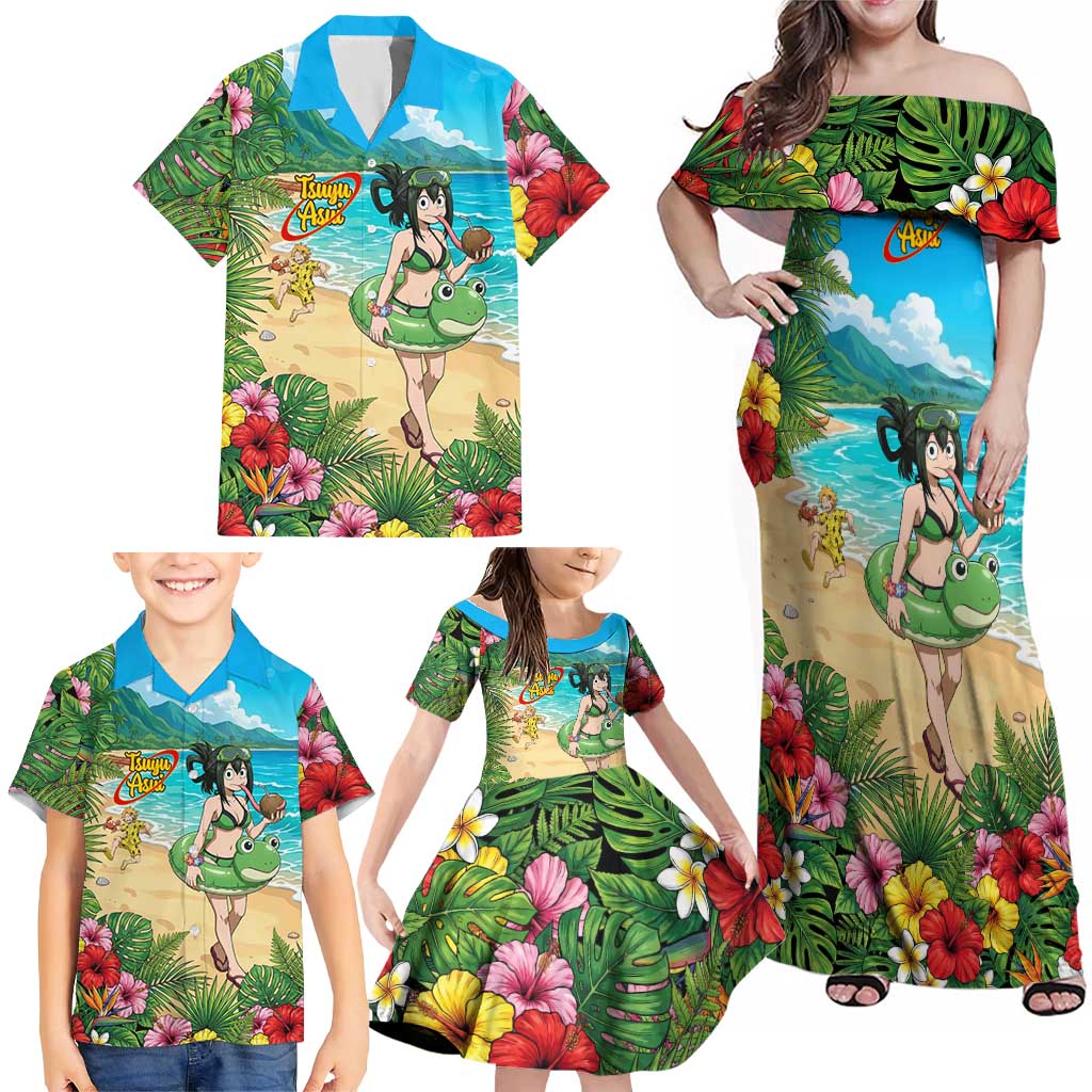 Tsuyu Asui Summer Chill Family Matching Off Shoulder Maxi Dress and Hawaiian Shirt Tropical Anime Vacation Art