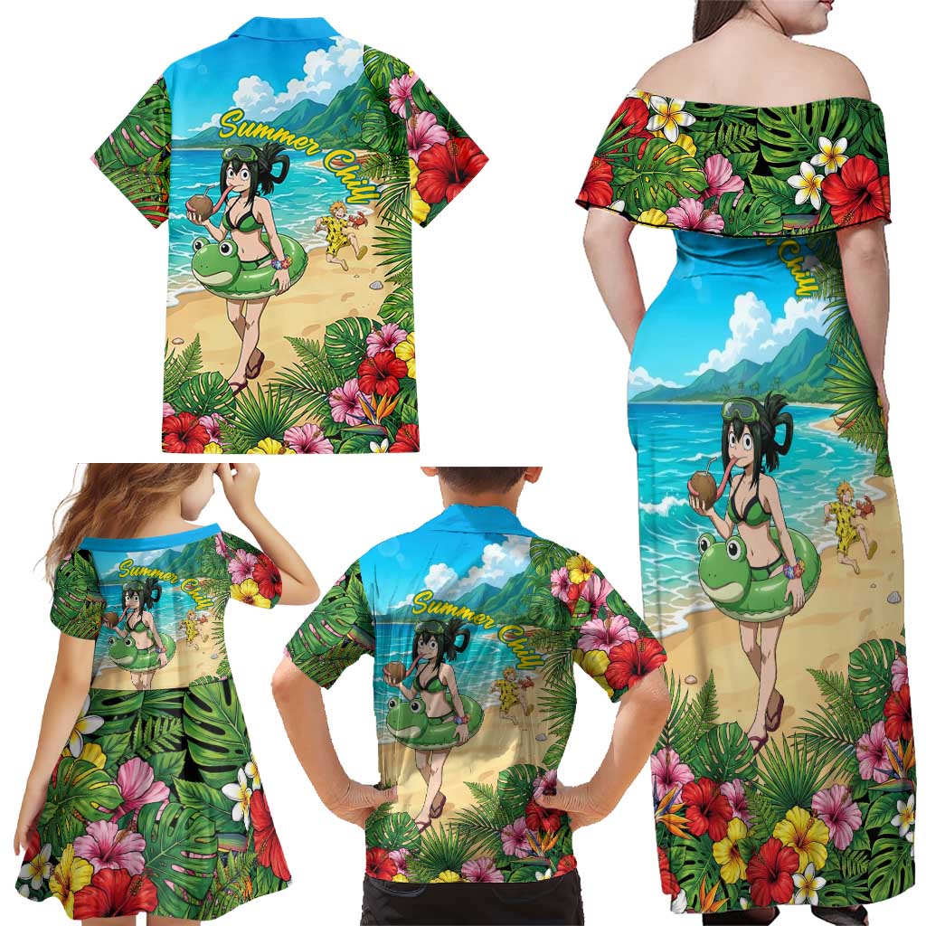 Tsuyu Asui Summer Chill Family Matching Off Shoulder Maxi Dress and Hawaiian Shirt Tropical Anime Vacation Art