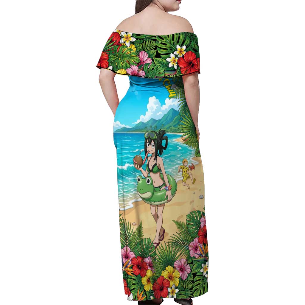 Tsuyu Asui Summer Chill Family Matching Off Shoulder Maxi Dress and Hawaiian Shirt Tropical Anime Vacation Art