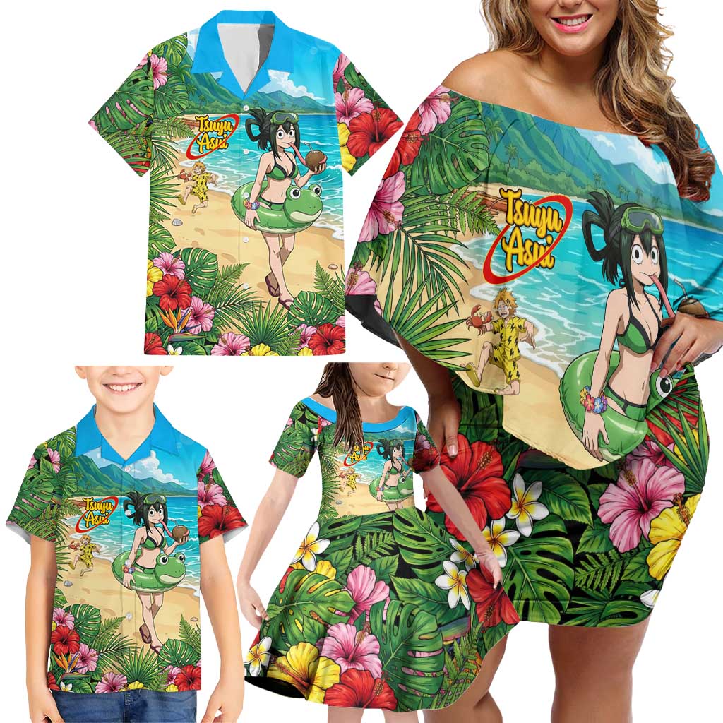 Tsuyu Asui Summer Chill Family Matching Off Shoulder Short Dress and Hawaiian Shirt Tropical Anime Vacation Art