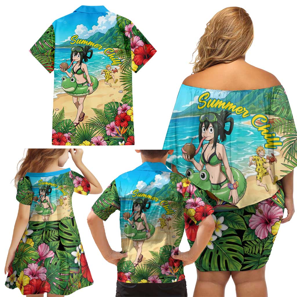Tsuyu Asui Summer Chill Family Matching Off Shoulder Short Dress and Hawaiian Shirt Tropical Anime Vacation Art