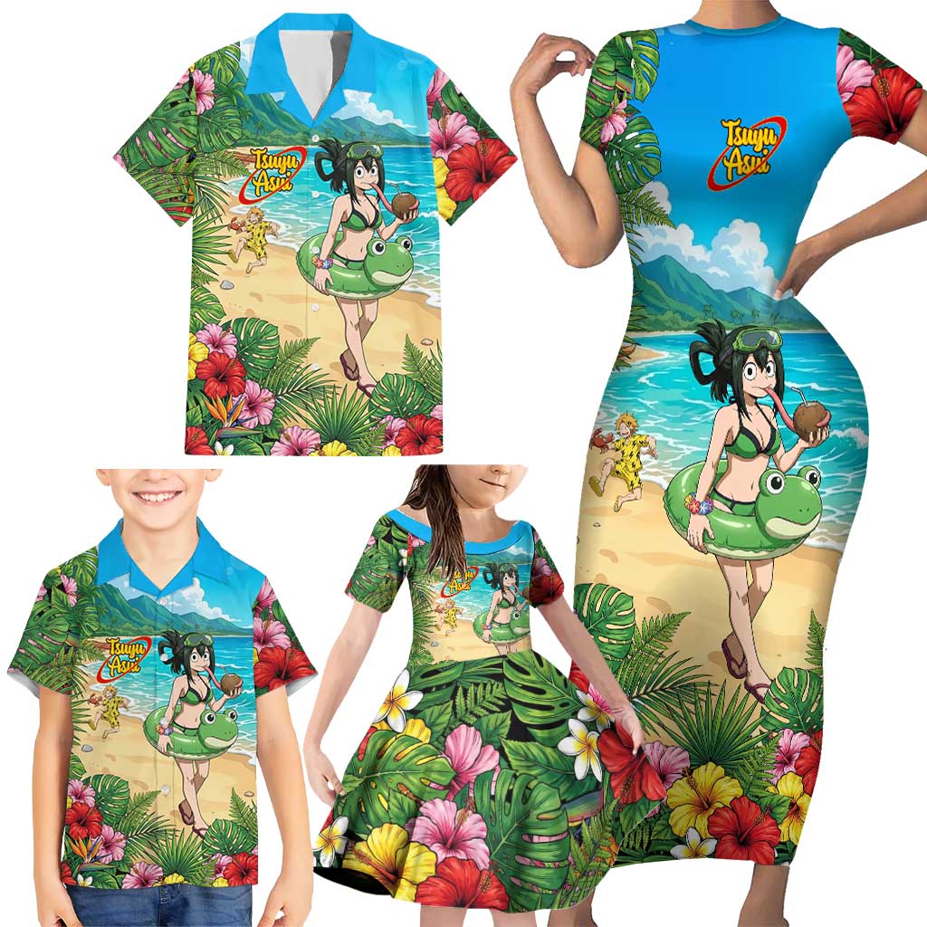 Tsuyu Asui Summer Chill Family Matching Short Sleeve Bodycon Dress and Hawaiian Shirt Tropical Anime Vacation Art