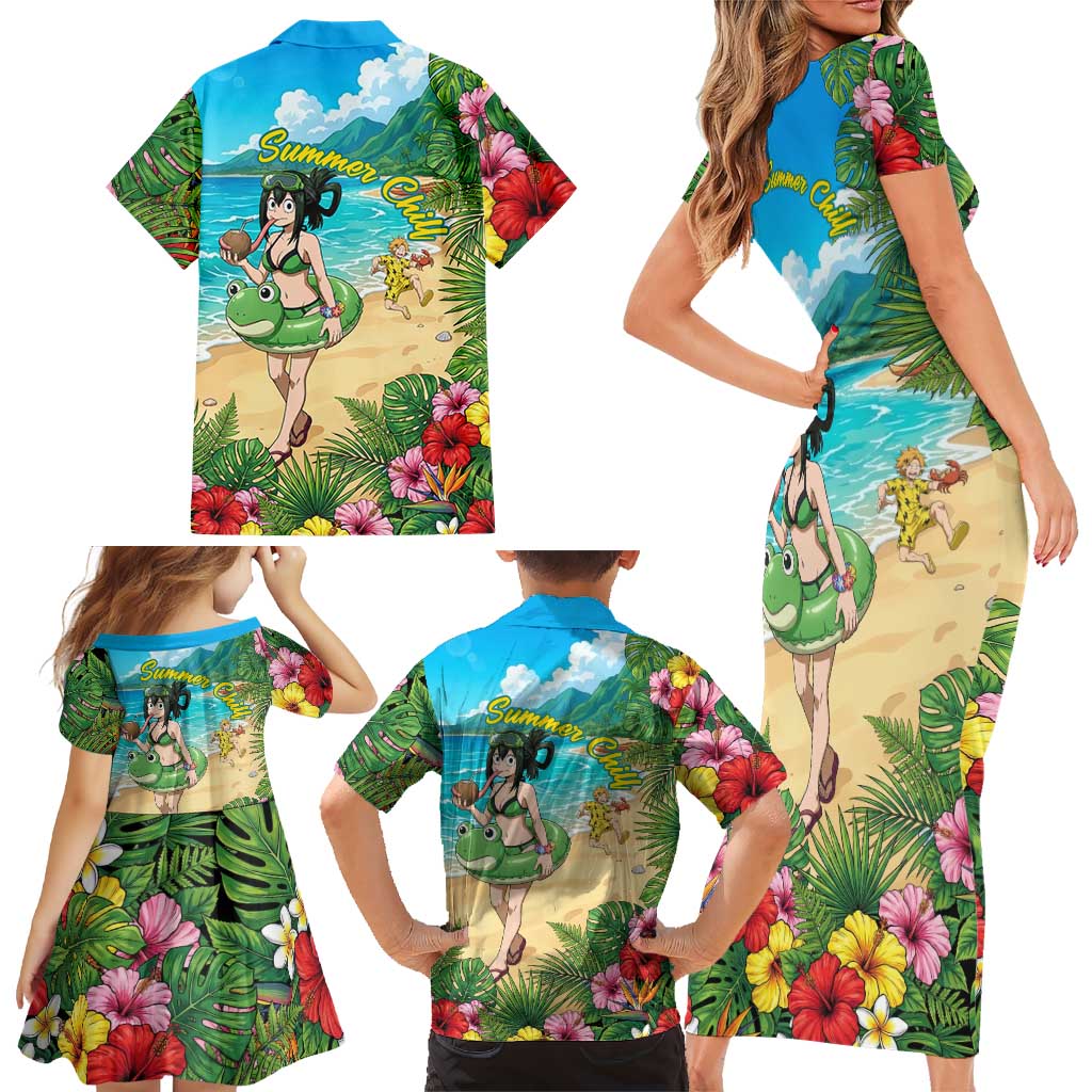 Tsuyu Asui Summer Chill Family Matching Short Sleeve Bodycon Dress and Hawaiian Shirt Tropical Anime Vacation Art