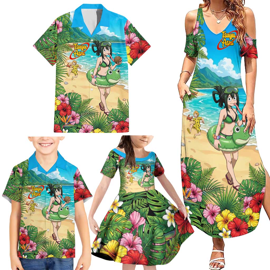 Tsuyu Asui Summer Chill Family Matching Summer Maxi Dress and Hawaiian Shirt Tropical Anime Vacation Art