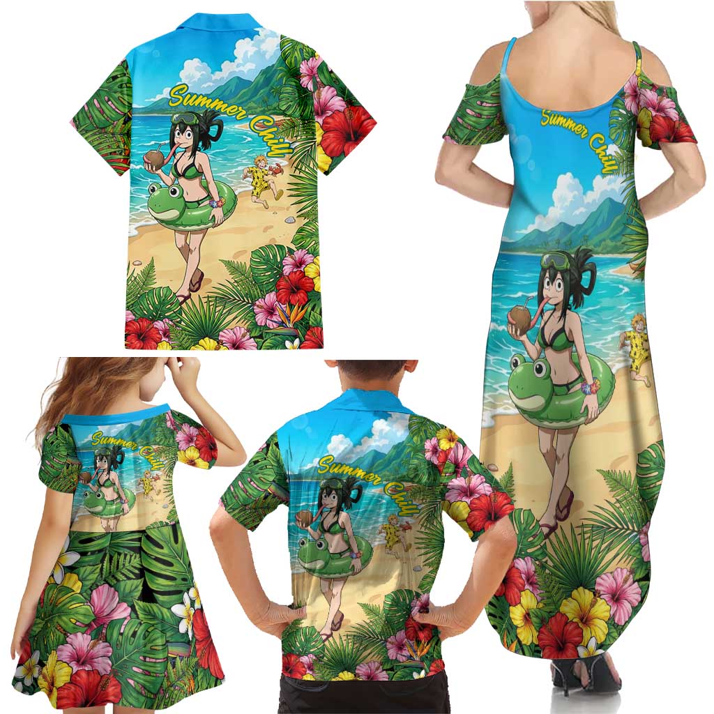 Tsuyu Asui Summer Chill Family Matching Summer Maxi Dress and Hawaiian Shirt Tropical Anime Vacation Art