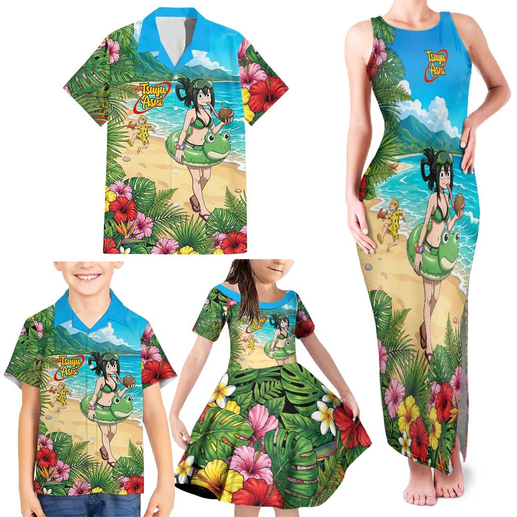 Tsuyu Asui Summer Chill Family Matching Tank Maxi Dress and Hawaiian Shirt Tropical Anime Vacation Art