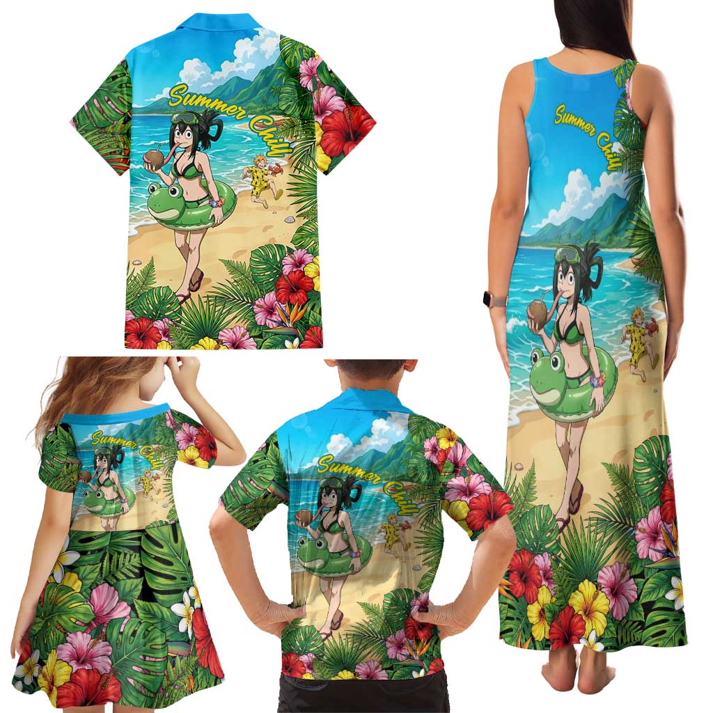 Tsuyu Asui Summer Chill Family Matching Tank Maxi Dress and Hawaiian Shirt Tropical Anime Vacation Art