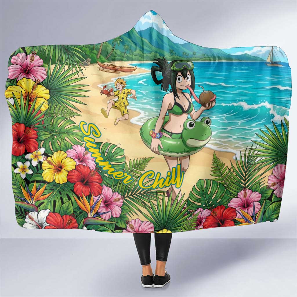 Tsuyu Asui Summer Chill Hooded Blanket Tropical Anime Vacation Art