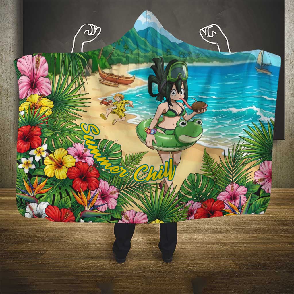 Tsuyu Asui Summer Chill Hooded Blanket Tropical Anime Vacation Art