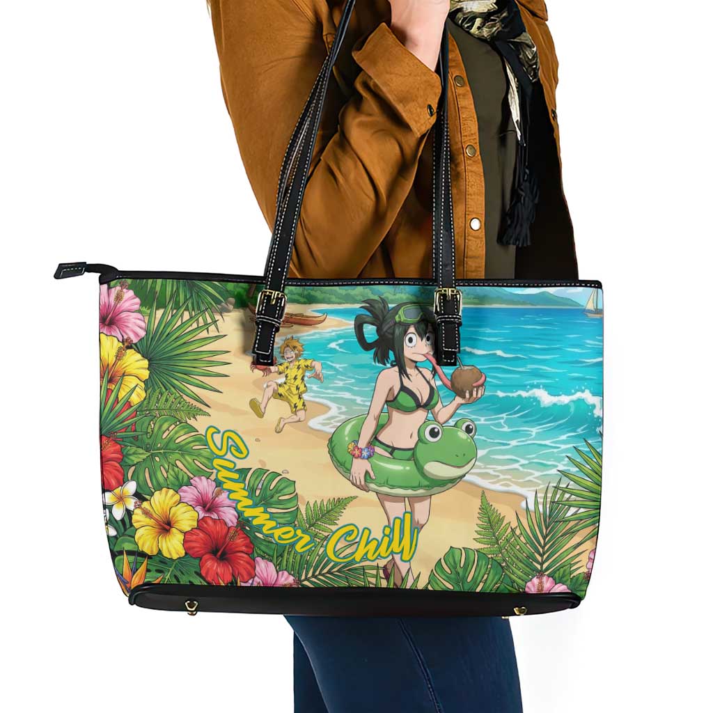 Tsuyu Asui Summer Chill Leather Tote Bag Tropical Anime Vacation Art