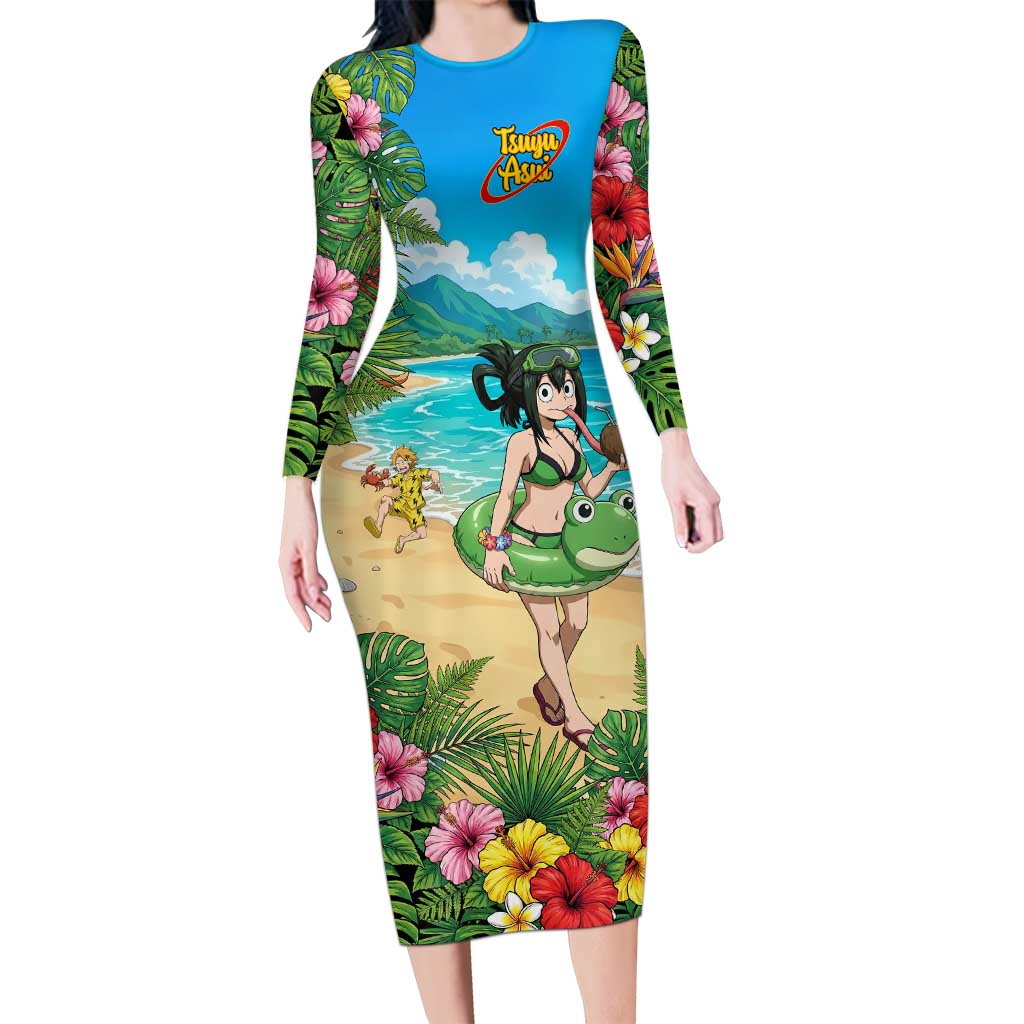 Tsuyu Asui Summer Chill Long Sleeve Bodycon Dress Tropical Anime Vacation Art