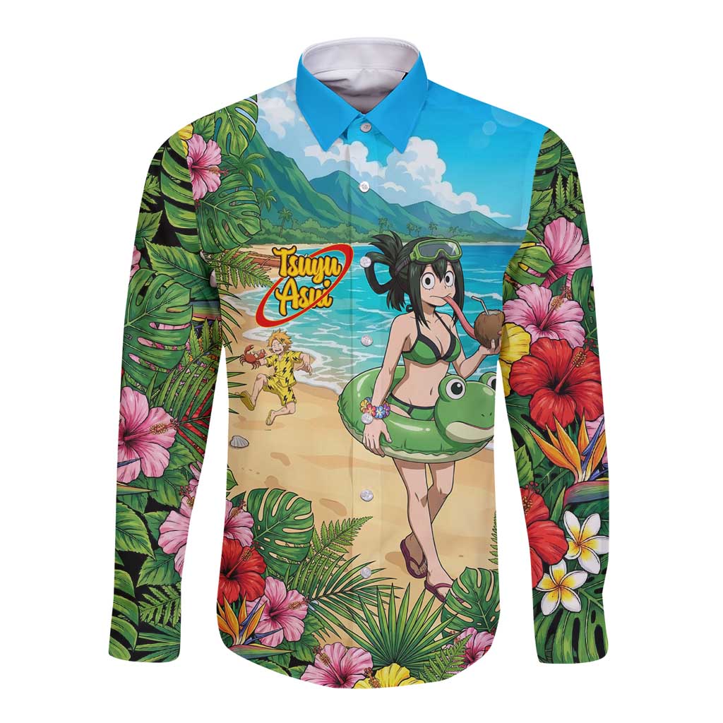 Tsuyu Asui Summer Chill Long Sleeve Button Shirt Tropical Anime Vacation Art