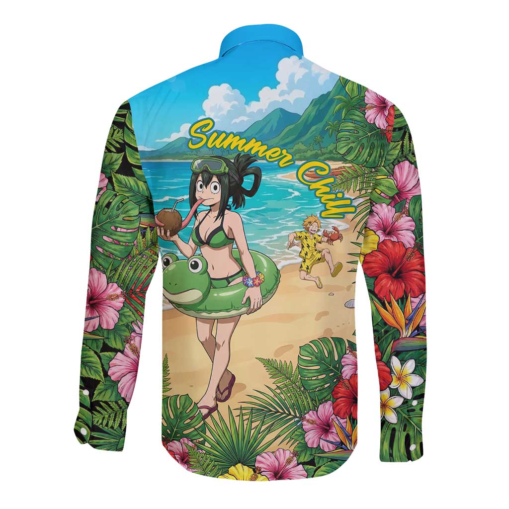 Tsuyu Asui Summer Chill Long Sleeve Button Shirt Tropical Anime Vacation Art
