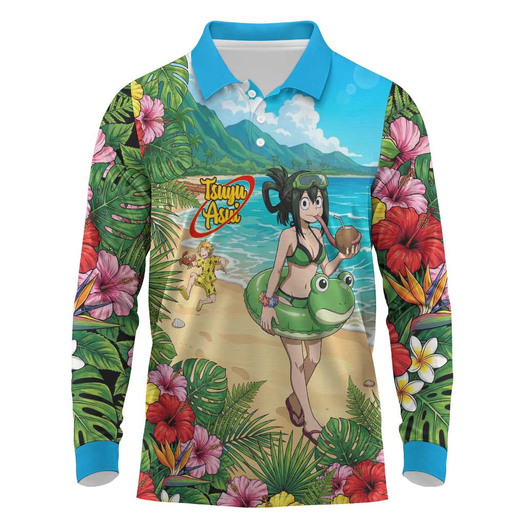 Tsuyu Asui Summer Chill Long Sleeve Polo Shirt Tropical Anime Vacation Art