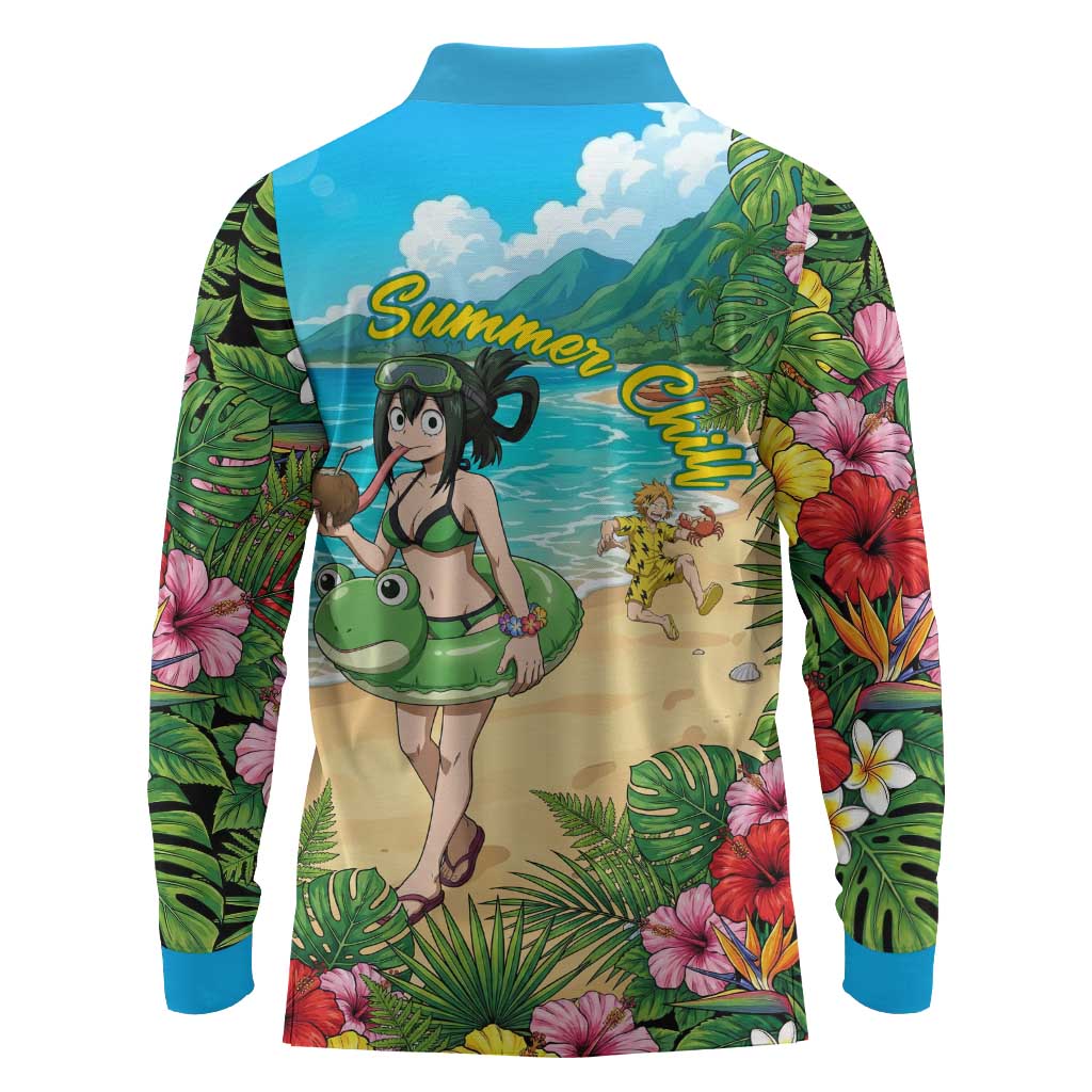 Tsuyu Asui Summer Chill Long Sleeve Polo Shirt Tropical Anime Vacation Art