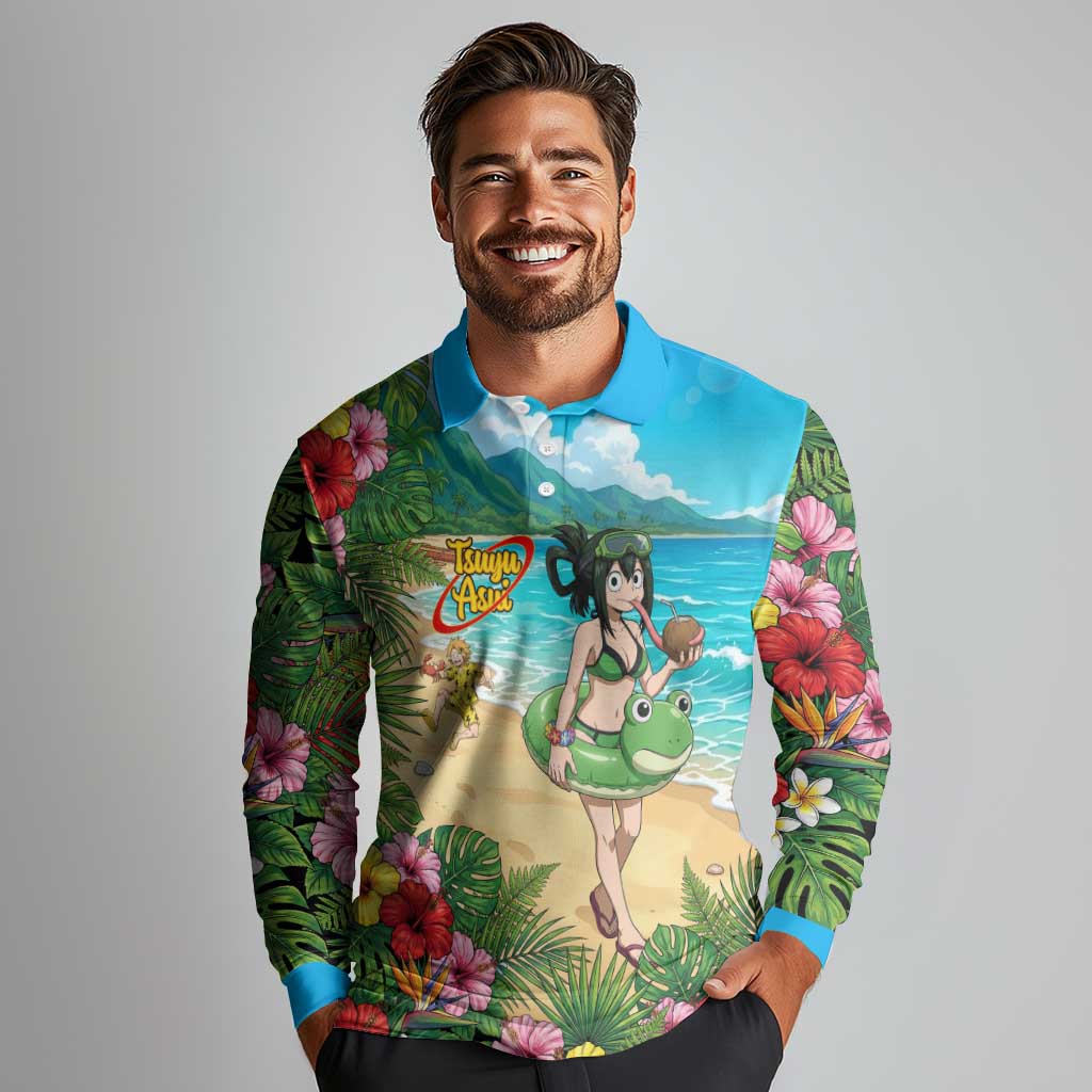 Tsuyu Asui Summer Chill Long Sleeve Polo Shirt Tropical Anime Vacation Art