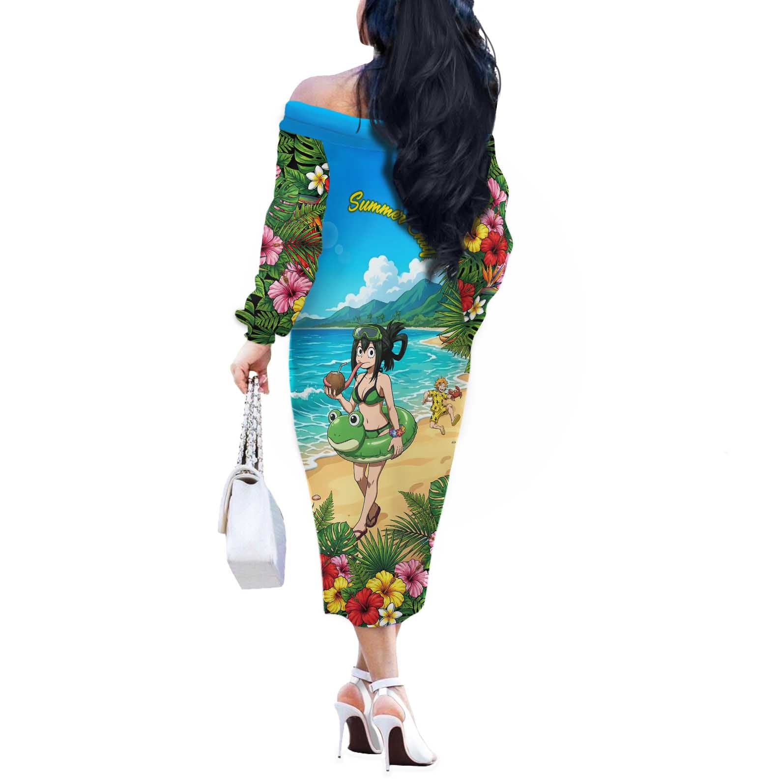 Tsuyu Asui Summer Chill Off The Shoulder Long Sleeve Dress Tropical Anime Vacation Art