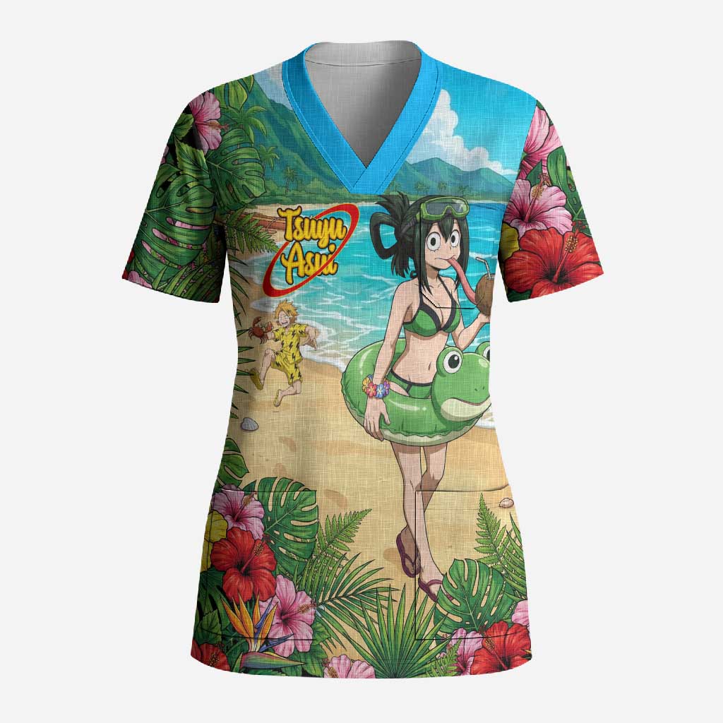 Tsuyu Asui Summer Chill Scrub Top Tropical Anime Vacation Art