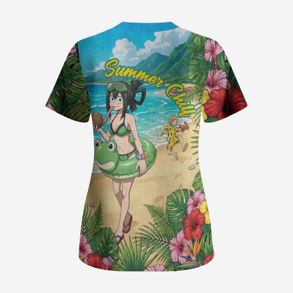 Tsuyu Asui Summer Chill Scrub Top Tropical Anime Vacation Art