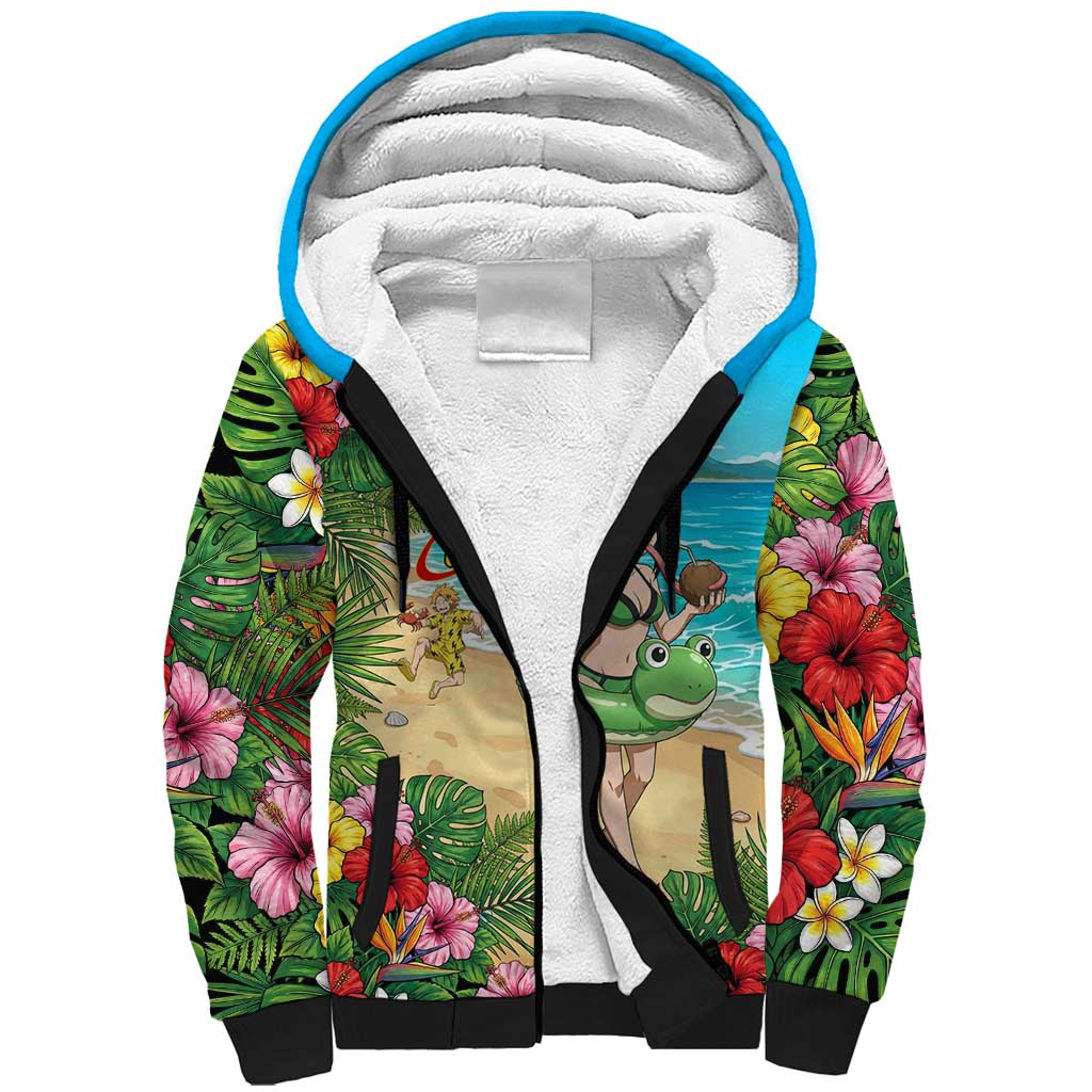 Tsuyu Asui Summer Chill Sherpa Hoodie Tropical Anime Vacation Art
