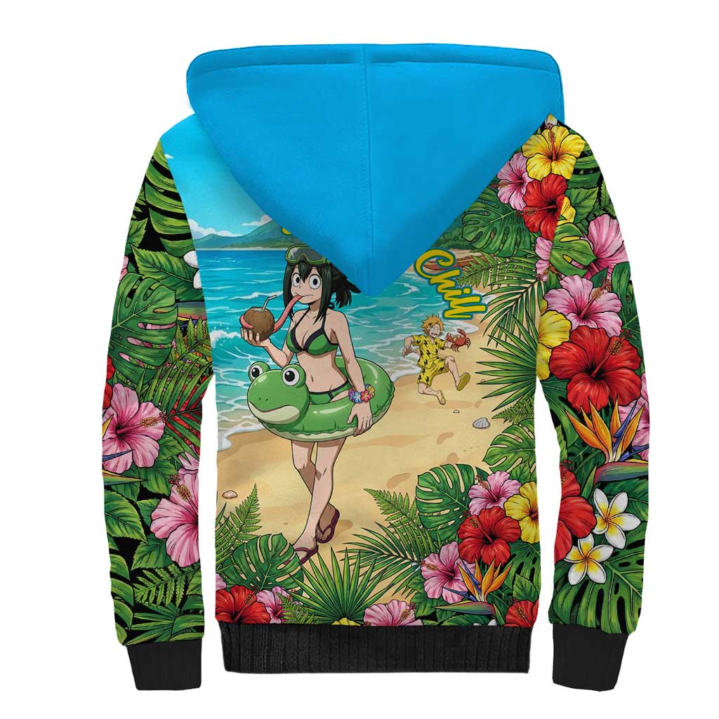 Tsuyu Asui Summer Chill Sherpa Hoodie Tropical Anime Vacation Art