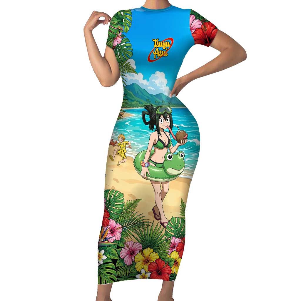 Tsuyu Asui Summer Chill Short Sleeve Bodycon Dress Tropical Anime Vacation Art