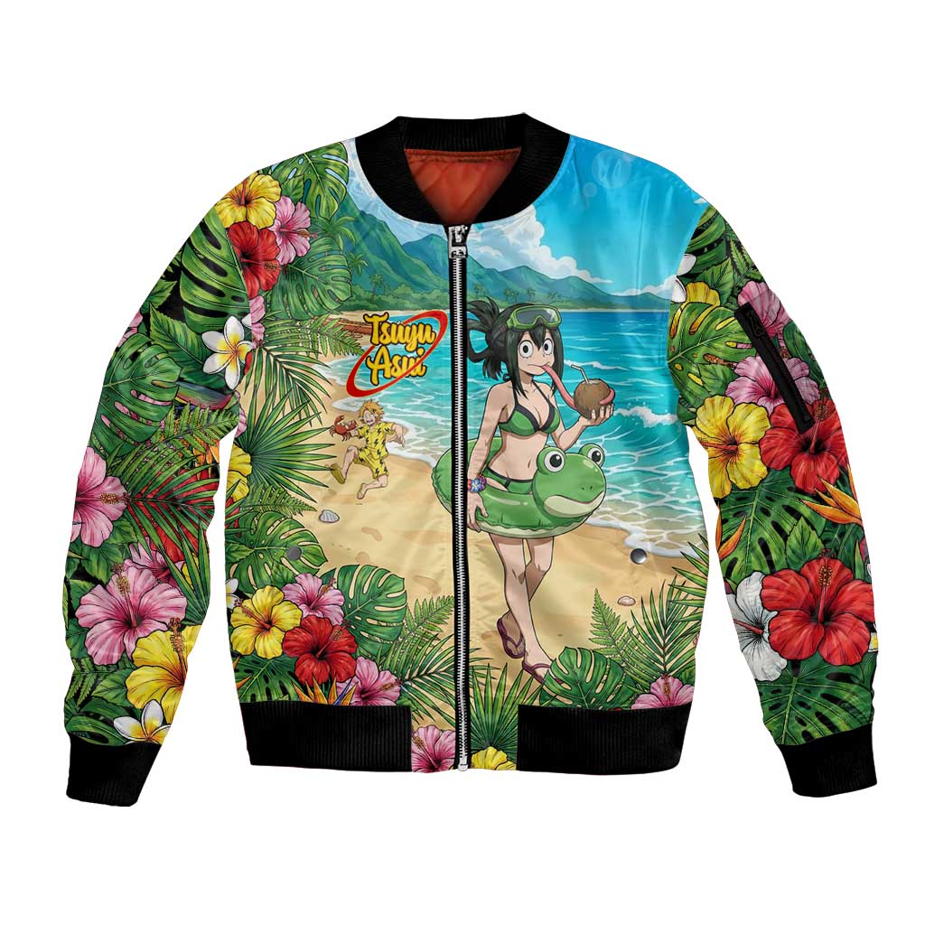 Tsuyu Asui Summer Chill Sleeve Zip Bomber Jacket Tropical Anime Vacation Art