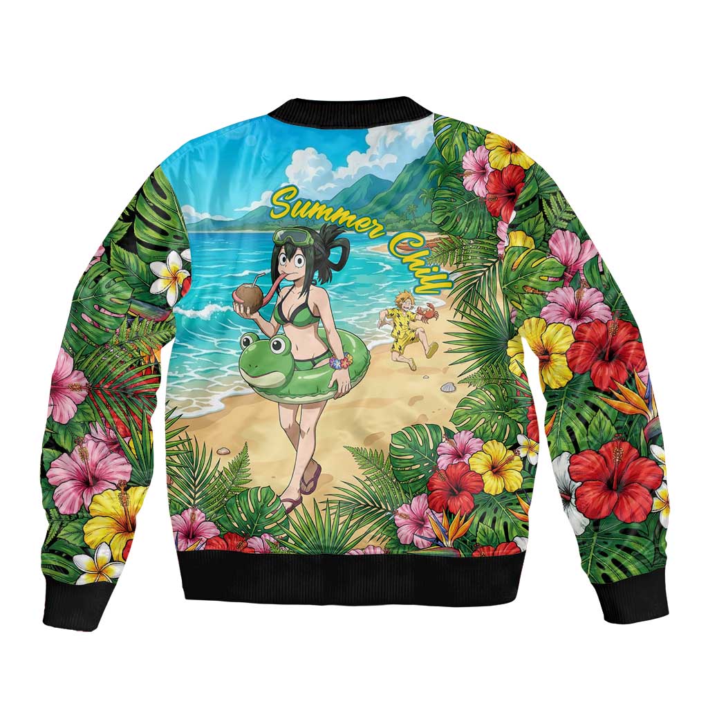 Tsuyu Asui Summer Chill Sleeve Zip Bomber Jacket Tropical Anime Vacation Art