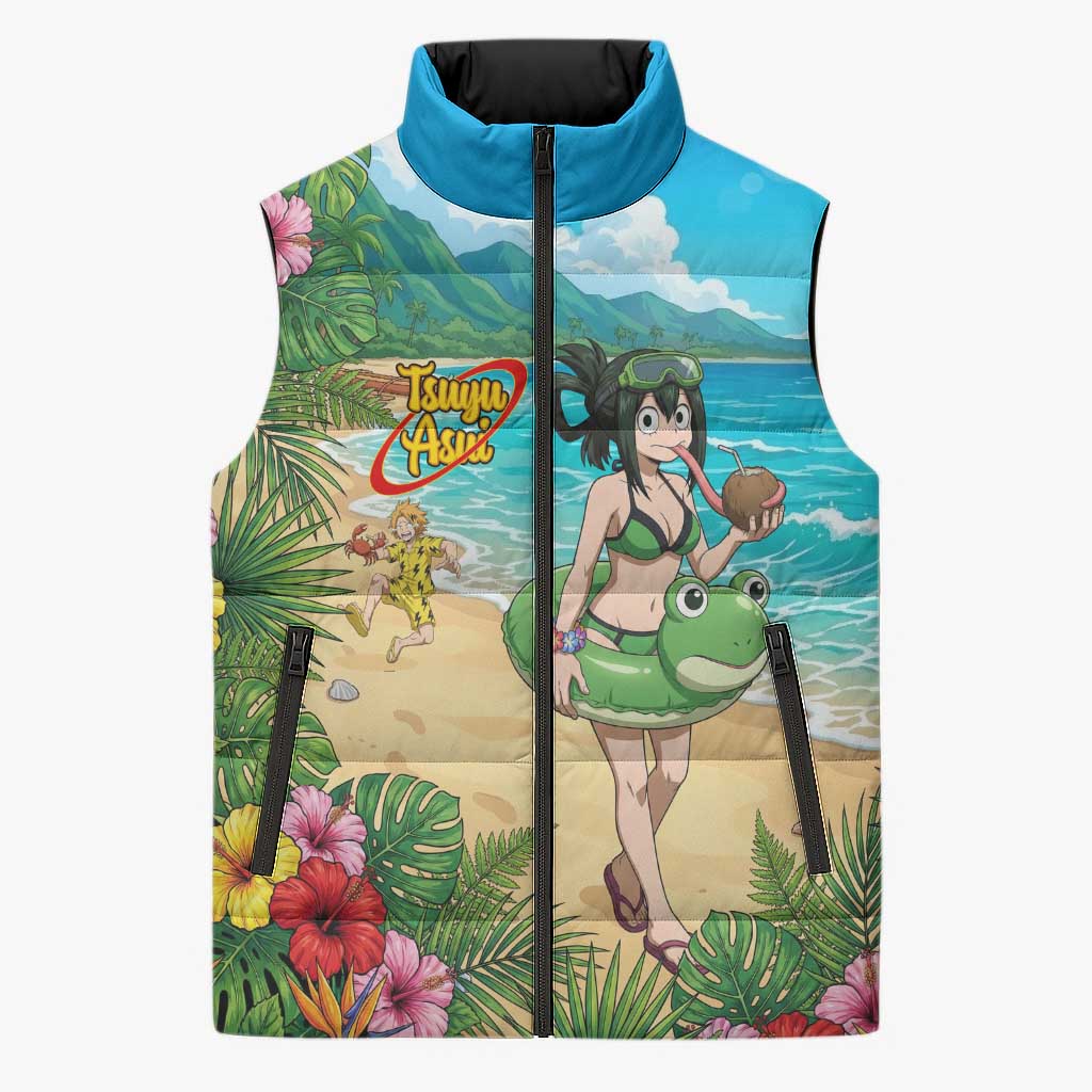 Tsuyu Asui Summer Chill Sleeveless Puffer Jacket Tropical Anime Vacation Art