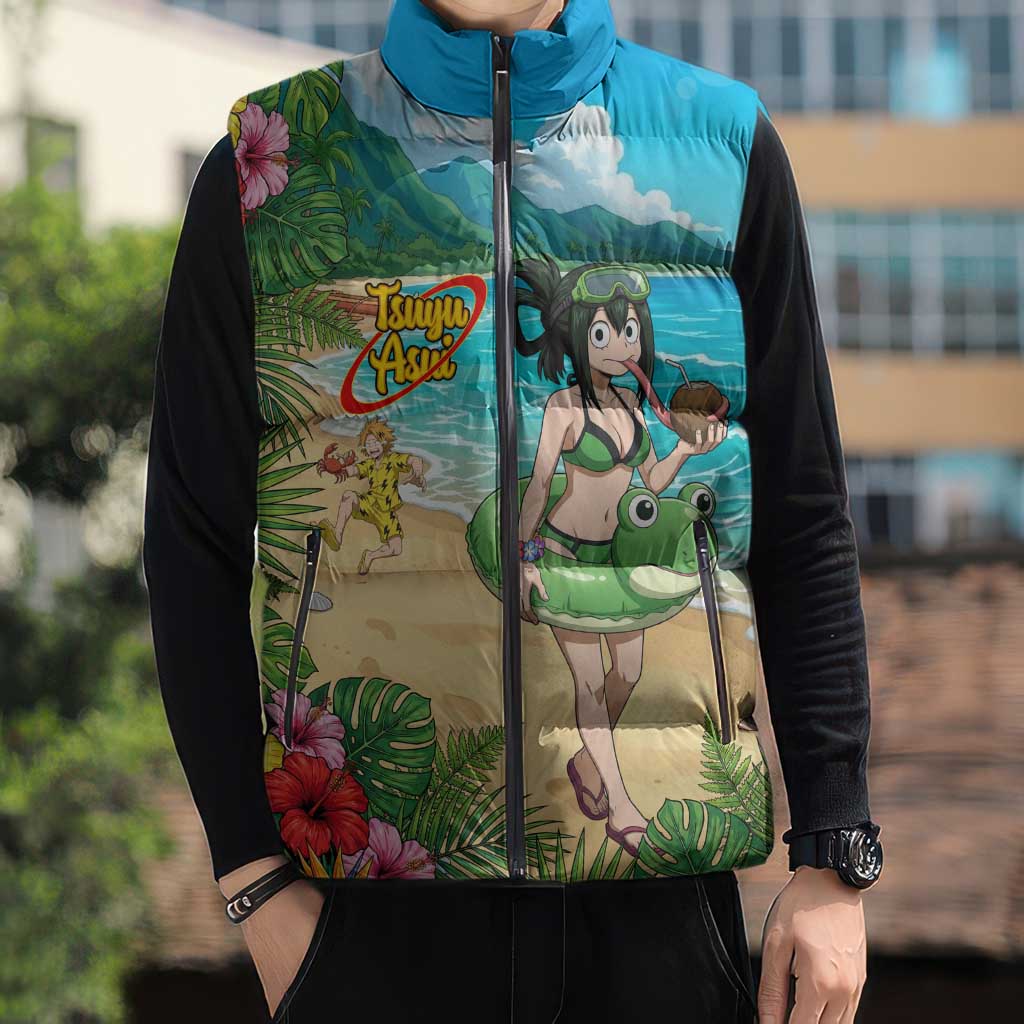 Tsuyu Asui Summer Chill Sleeveless Puffer Jacket Tropical Anime Vacation Art