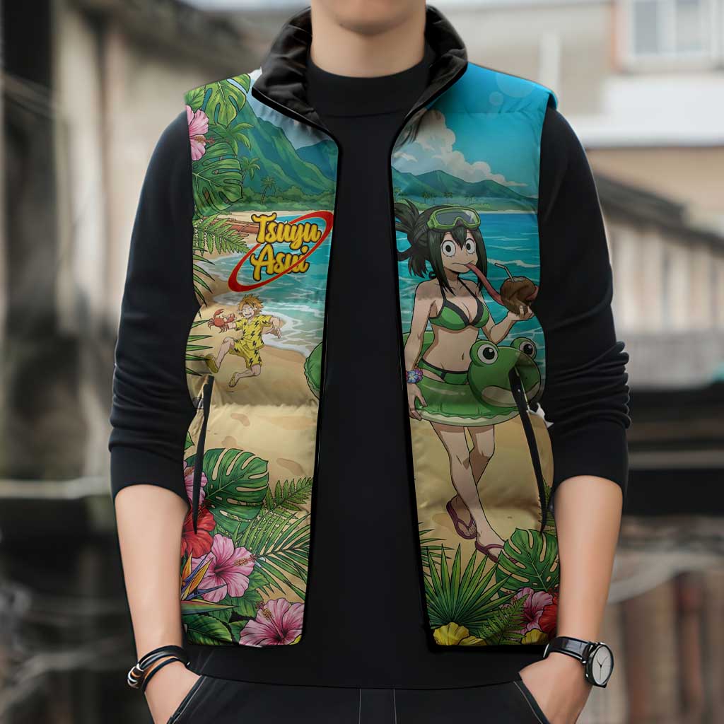 Tsuyu Asui Summer Chill Sleeveless Puffer Jacket Tropical Anime Vacation Art
