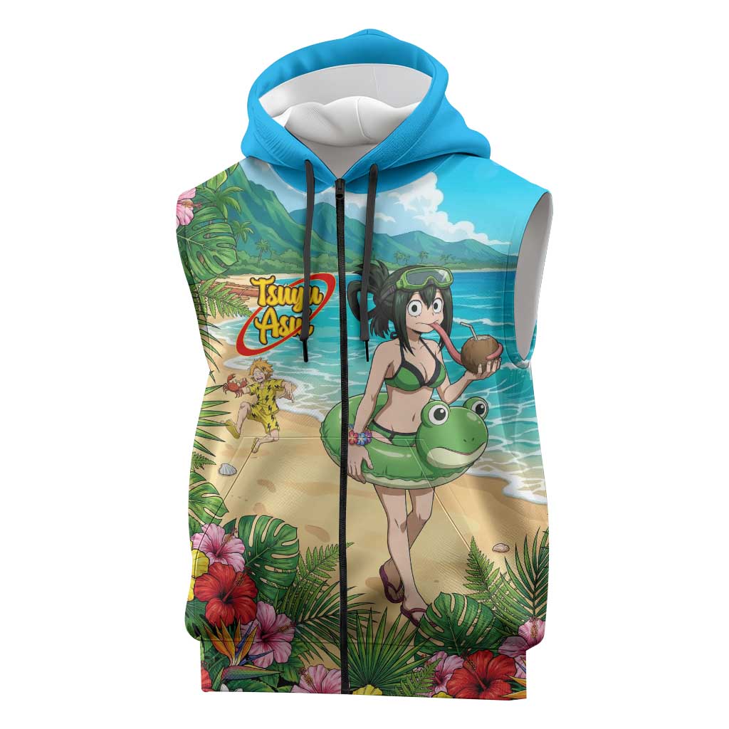 Tsuyu Asui Summer Chill Sleeveless Zip Hoodie Tropical Anime Vacation Art