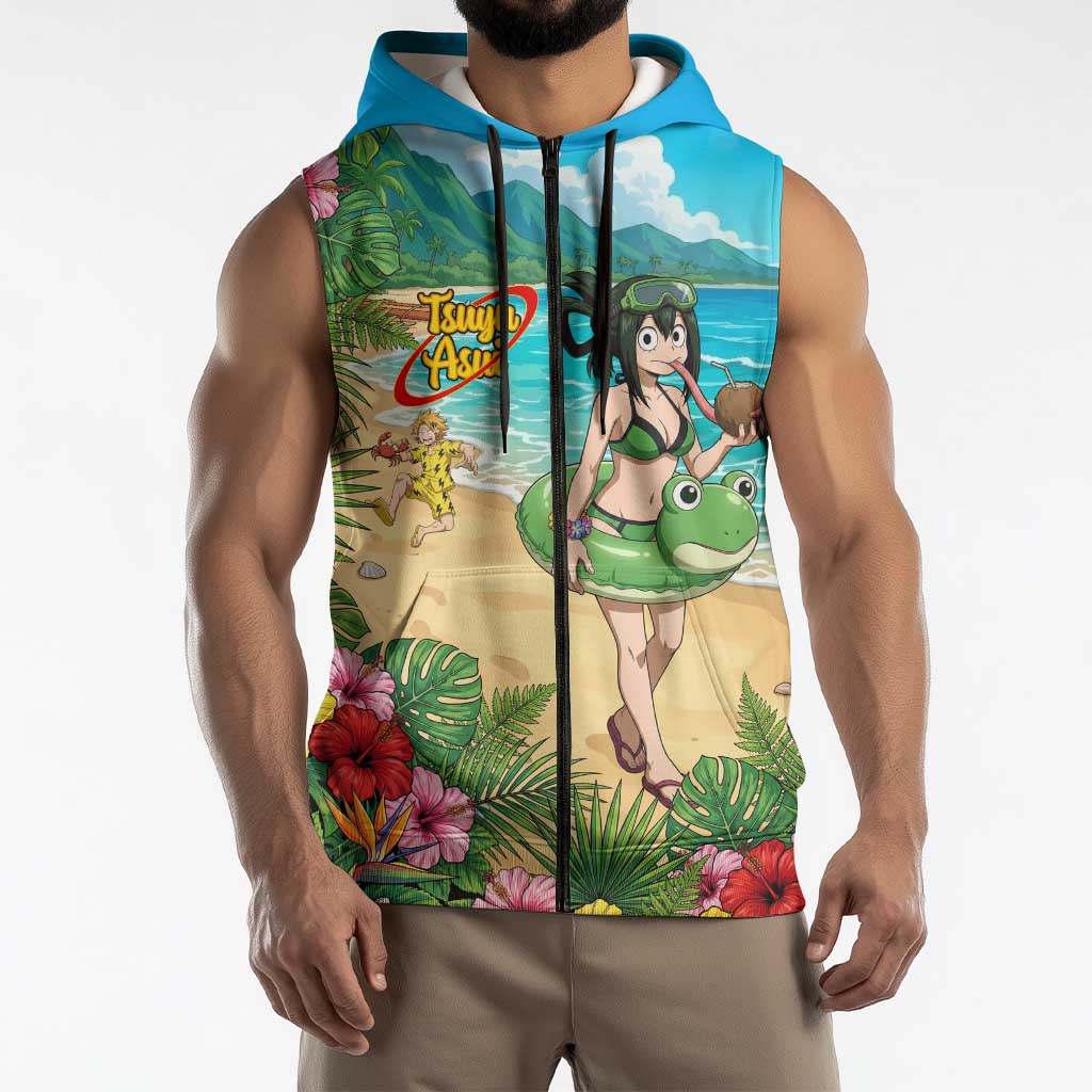 Tsuyu Asui Summer Chill Sleeveless Zip Hoodie Tropical Anime Vacation Art