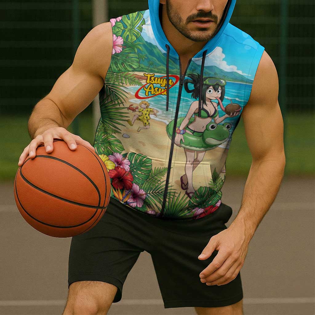 Tsuyu Asui Summer Chill Sleeveless Zip Hoodie Tropical Anime Vacation Art
