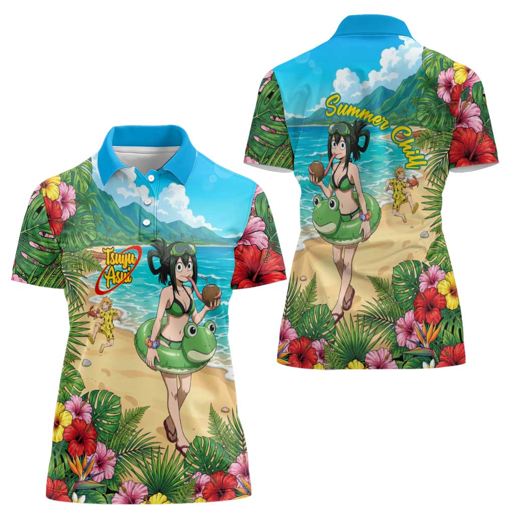 Tsuyu Asui Summer Chill Women Polo Shirt Tropical Anime Vacation Art